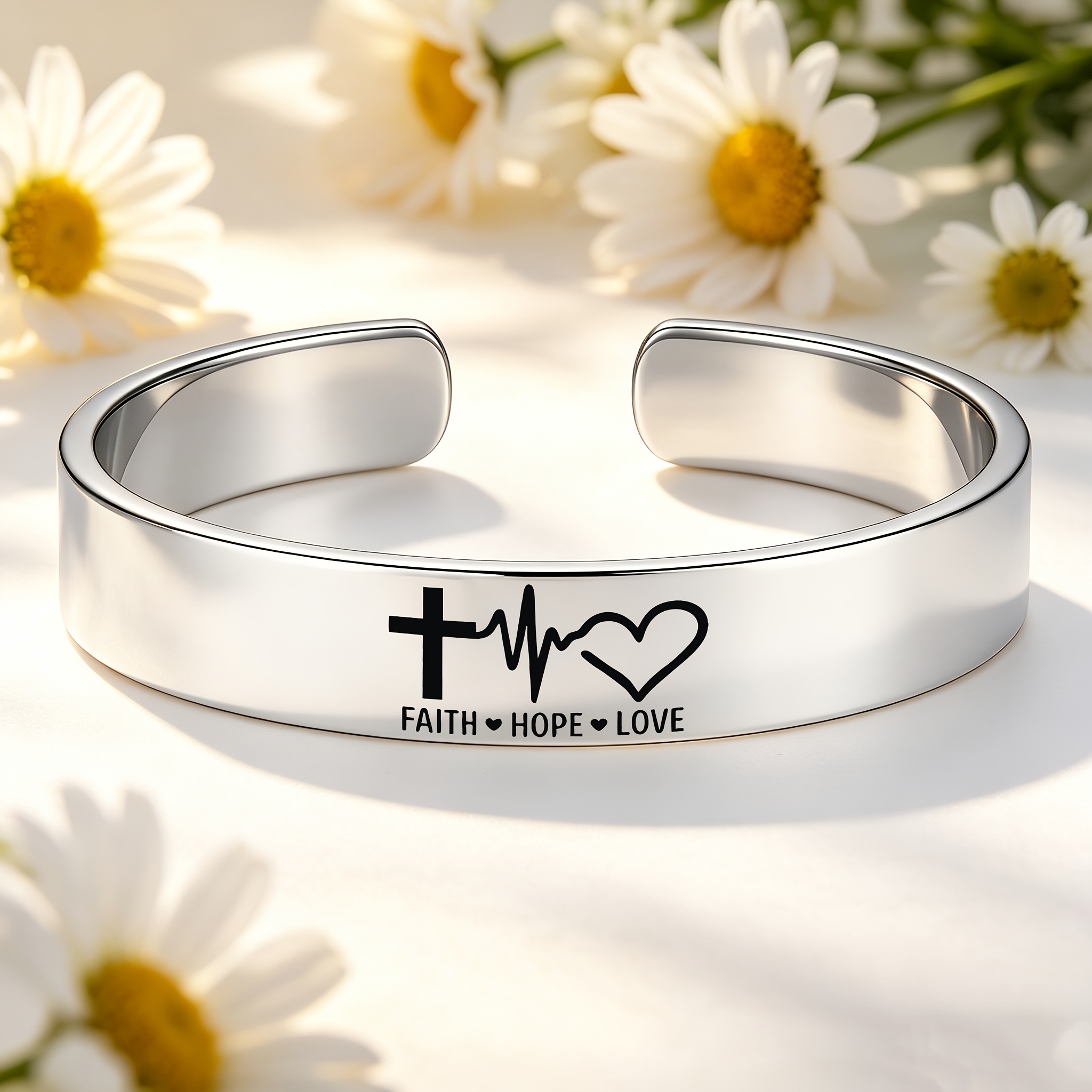 Vintage Cross with Heartbeat Frequency Open Bangle Bracelet